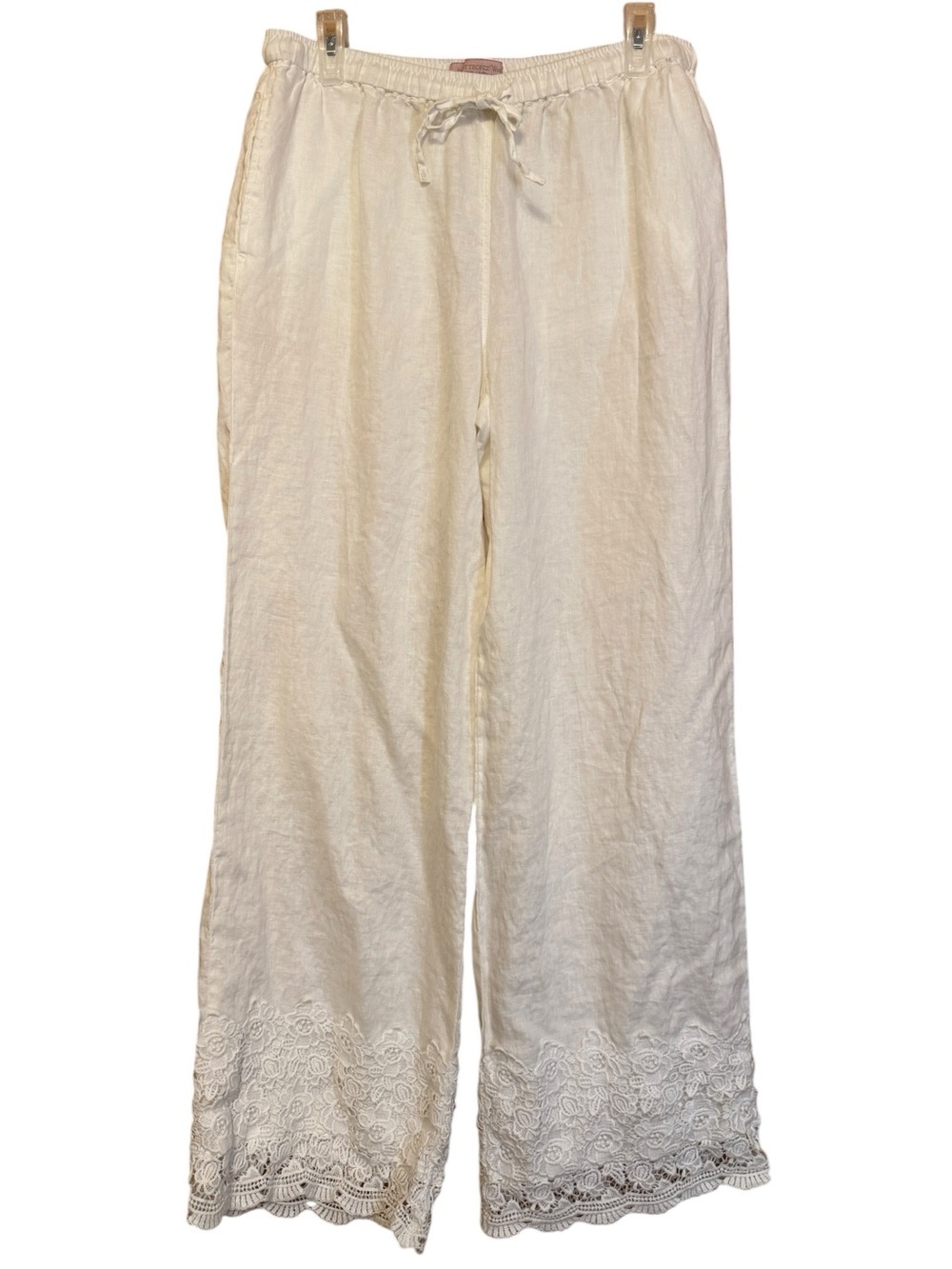 SAINT TROPEZ West 100% Linen White Lace Hem Pull-On Pants Women’s Large